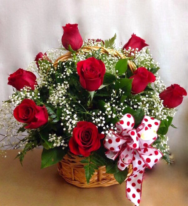 12 Lovely Red Roses Basket