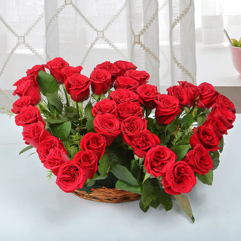 Twin Heart Red Roses Basket