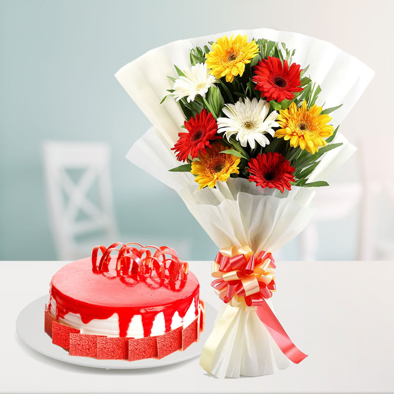 12 Gerberas with Strawberry Cake