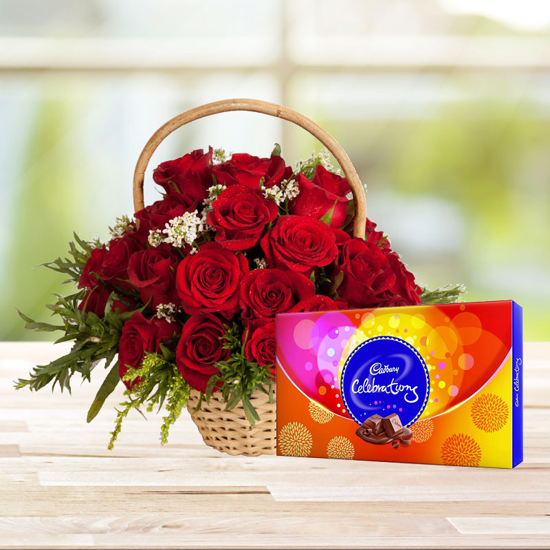 12 Red Rose basket with Chocolate Gift Pack