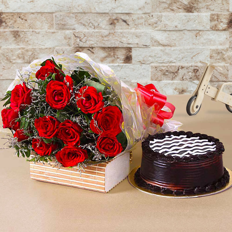 12 Roses with Cake Midnight Delivery