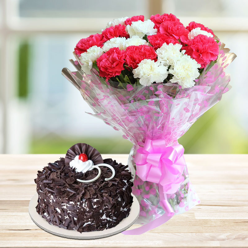 Fresh Carnations Basket with Cake