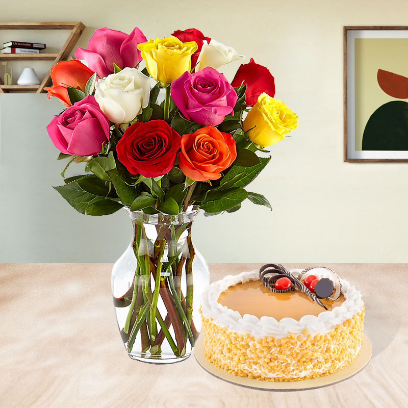 Mixed Roses Vase With Cake