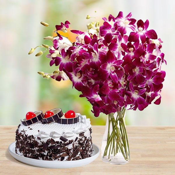 Orchid Vase with Black Forest Cake