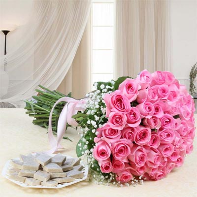 50 Pink Rose Bouquet with Kaju Katli