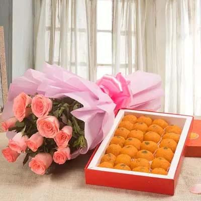 Roses with Motichur Laddu