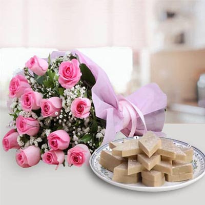 Pink Flowers with 250 gm Kaju Katli