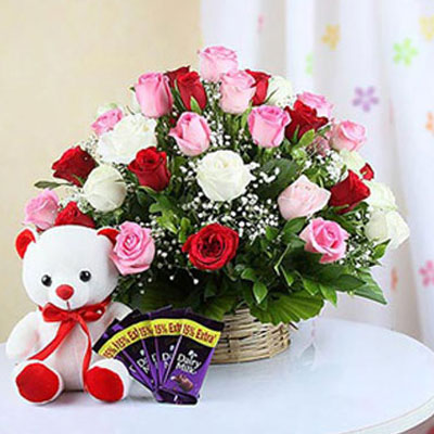 Rose Basket with Teddy Bear