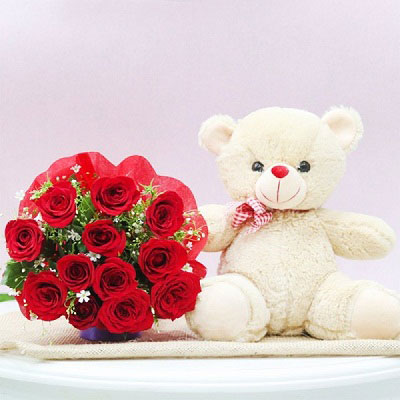12 Red Roses Bouquet with Teddy