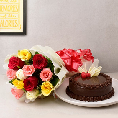 Assorted Roses with Eggless Chocolate Cake