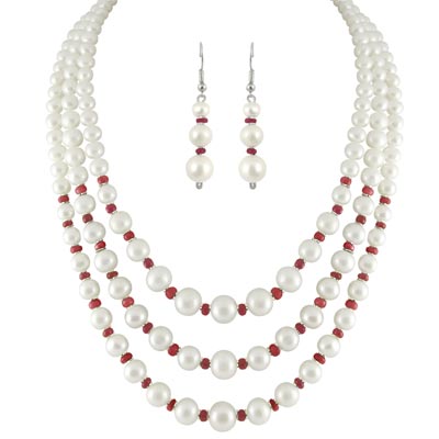 3 String White Pearl Necklace Set