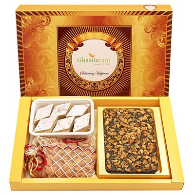 Big Box Of Walnut Chocolate Bark, Almonds and Kaju Katli