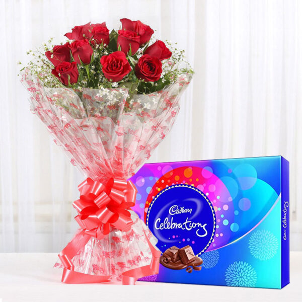 12 Red Roses with Cadbury Celebration