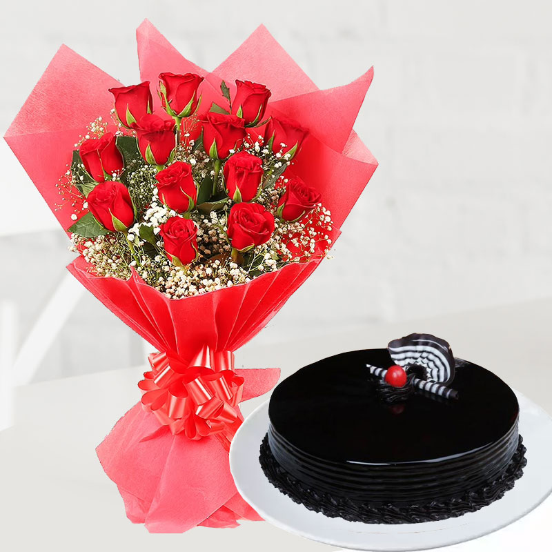 Roses with Chocolate Cake Midnight Delivery