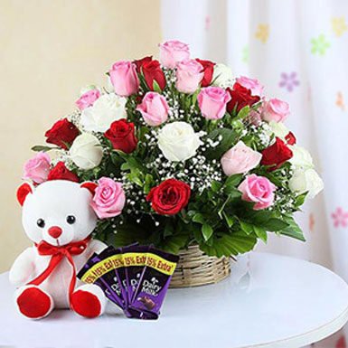 Midnight Rose Basket with Teddy Bear