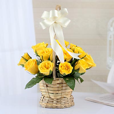 Bright 12 Yellow Roses Basket – Midnight Delivery