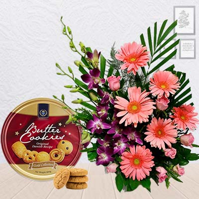 Exotic Flower Basket with Cookies Box
