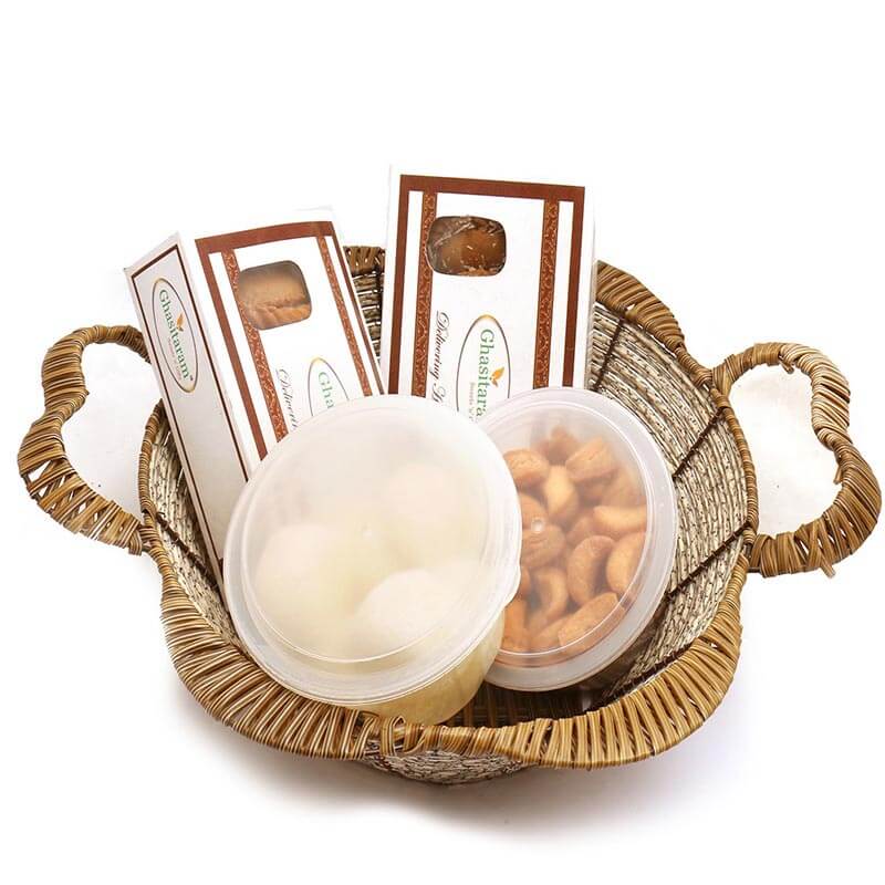 Brown Basket of Gujiyas Mini Nmakeen Gujiyas & Rasgullas Holi Hamper