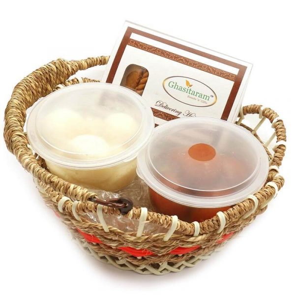 Jute Cane Basket of Rasgullas, Gulab Jamuns and Gujiya Holi Sweets