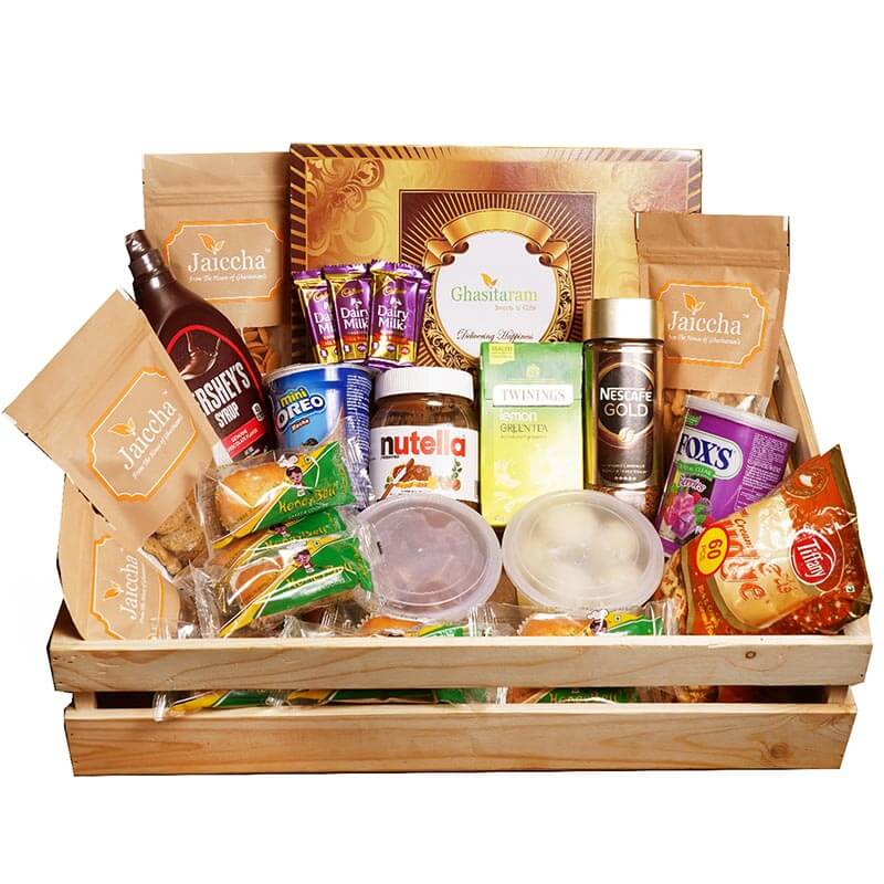 Holi Hamper-Jumbo Wooden Basket of 31 Goodies with Gujiyas