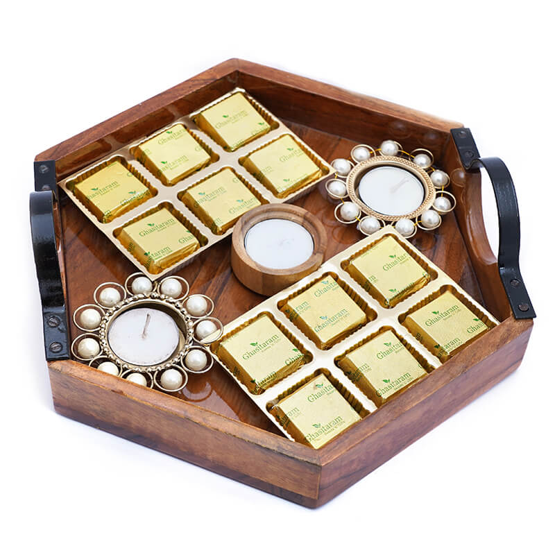 Hexagon Tray with Nuts Chocolates and T-lites