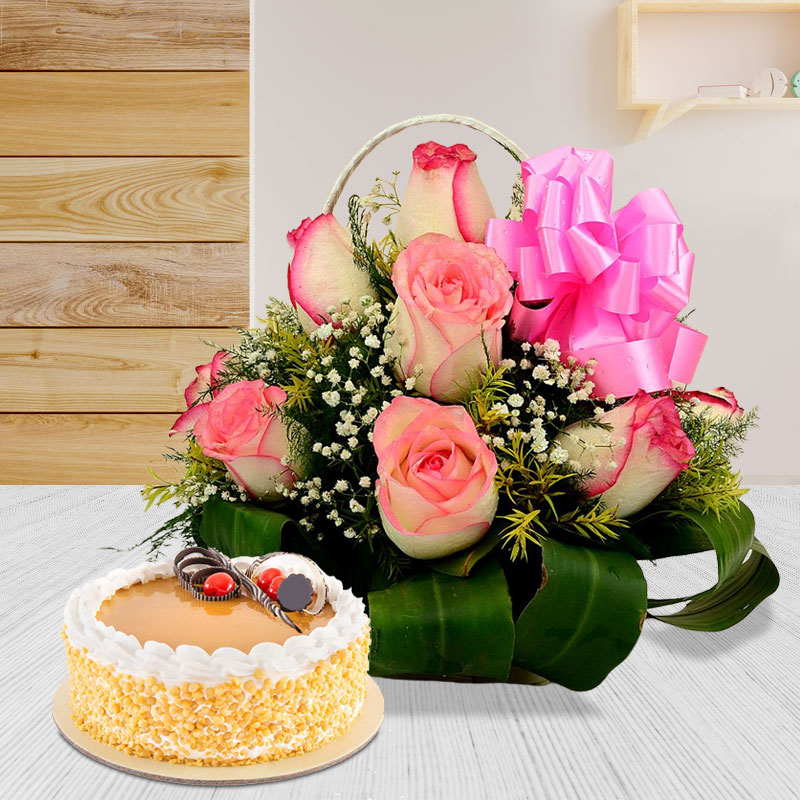 Butterscotch Cake with Pink Roses Basket
