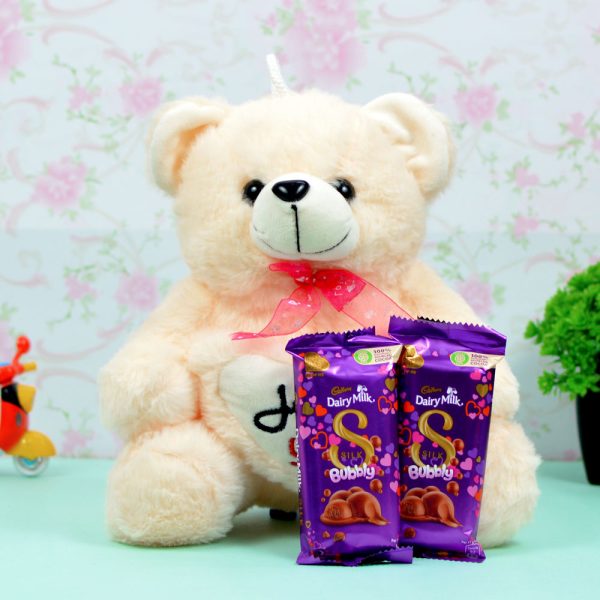 Lovable Teddy with Love Heart and Cadbury Bubbly Chocolate