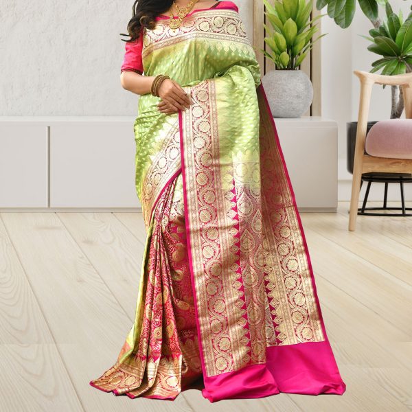 Light Green and Pink Designer Silk Banarasi Saree