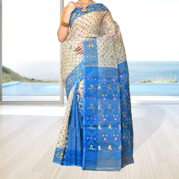 Blue Cotton Tant Jamdani Saree