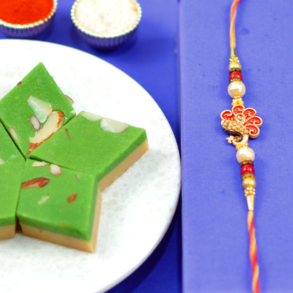 Peacock Rakhi with Kesar Barfi 200gm