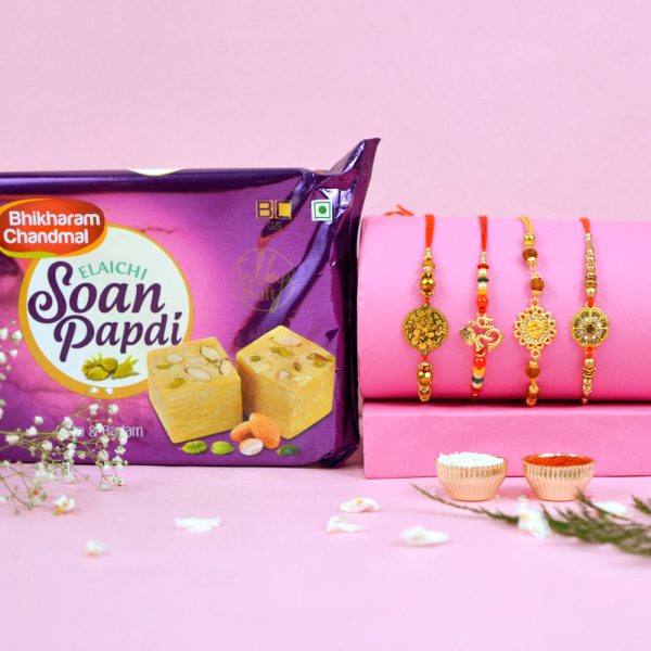 Radiant Gemstone Rakhi with Soan Papdi Delight