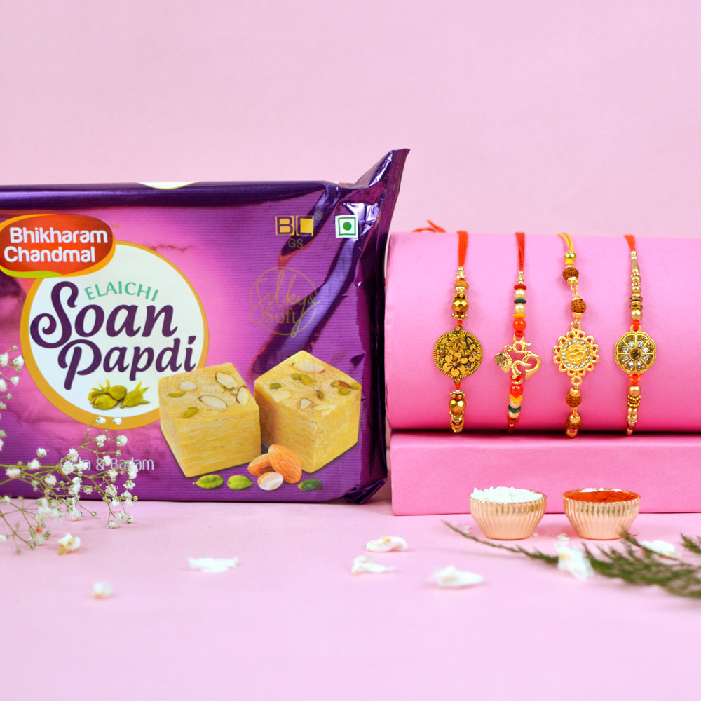 Radiant Gemstone Rakhi with Bhikharam Soan Papdi Delight