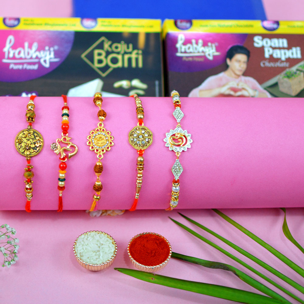 Golden Rakhi Set of 5 with Haldiram Kaju Barfi and Haldiram Chocolate Soan Papdi