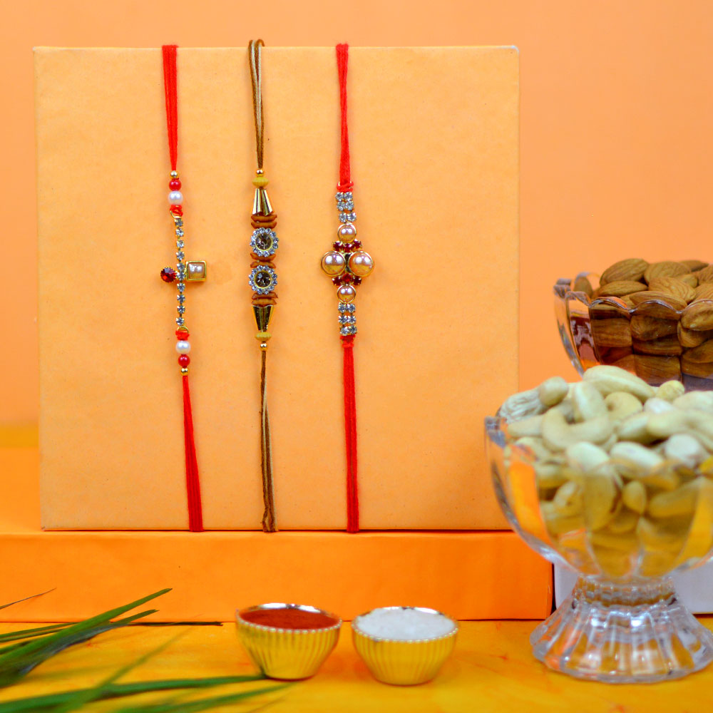 Designer Beads Rakhi Set of 3 With Kaju Almonds Hamper