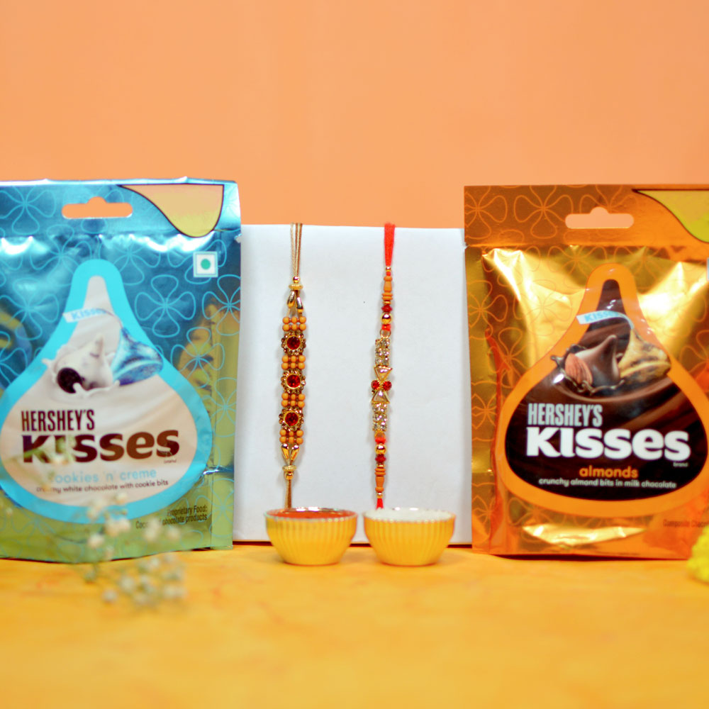 Two Beads Rakhi Set and 2 Kisses Chocolates