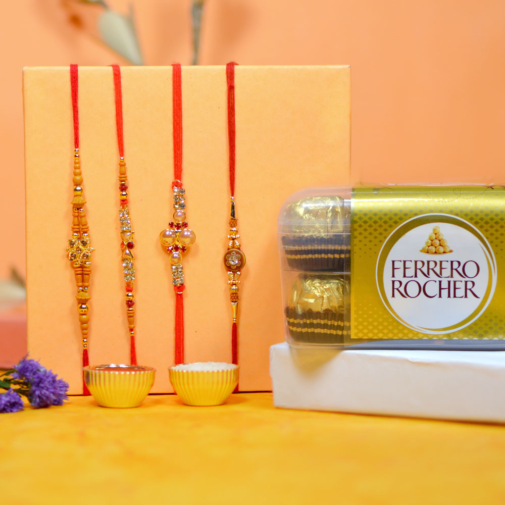 Pearls N Beaded Four Rakhi Set with Rocher Chocolates