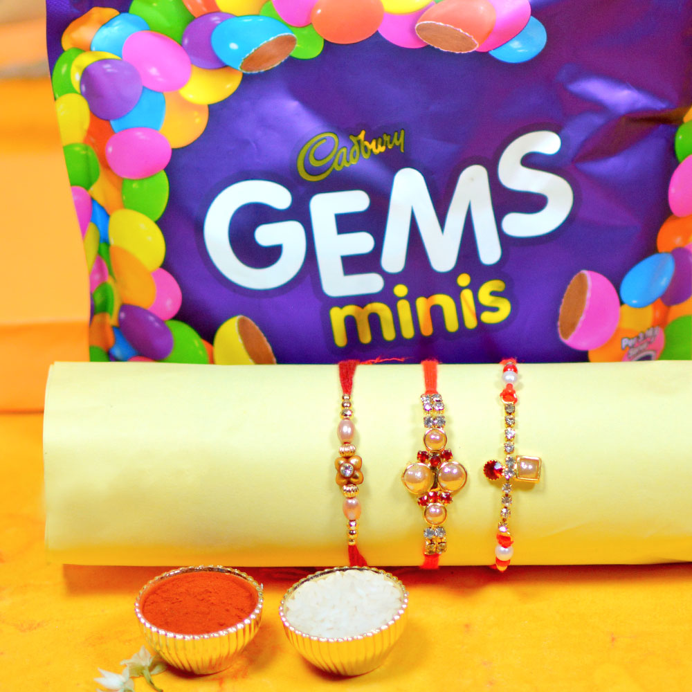 Beads N Stones Rakhi Set of 3 with Cadbury Gems Chocolate Home Treats Pack