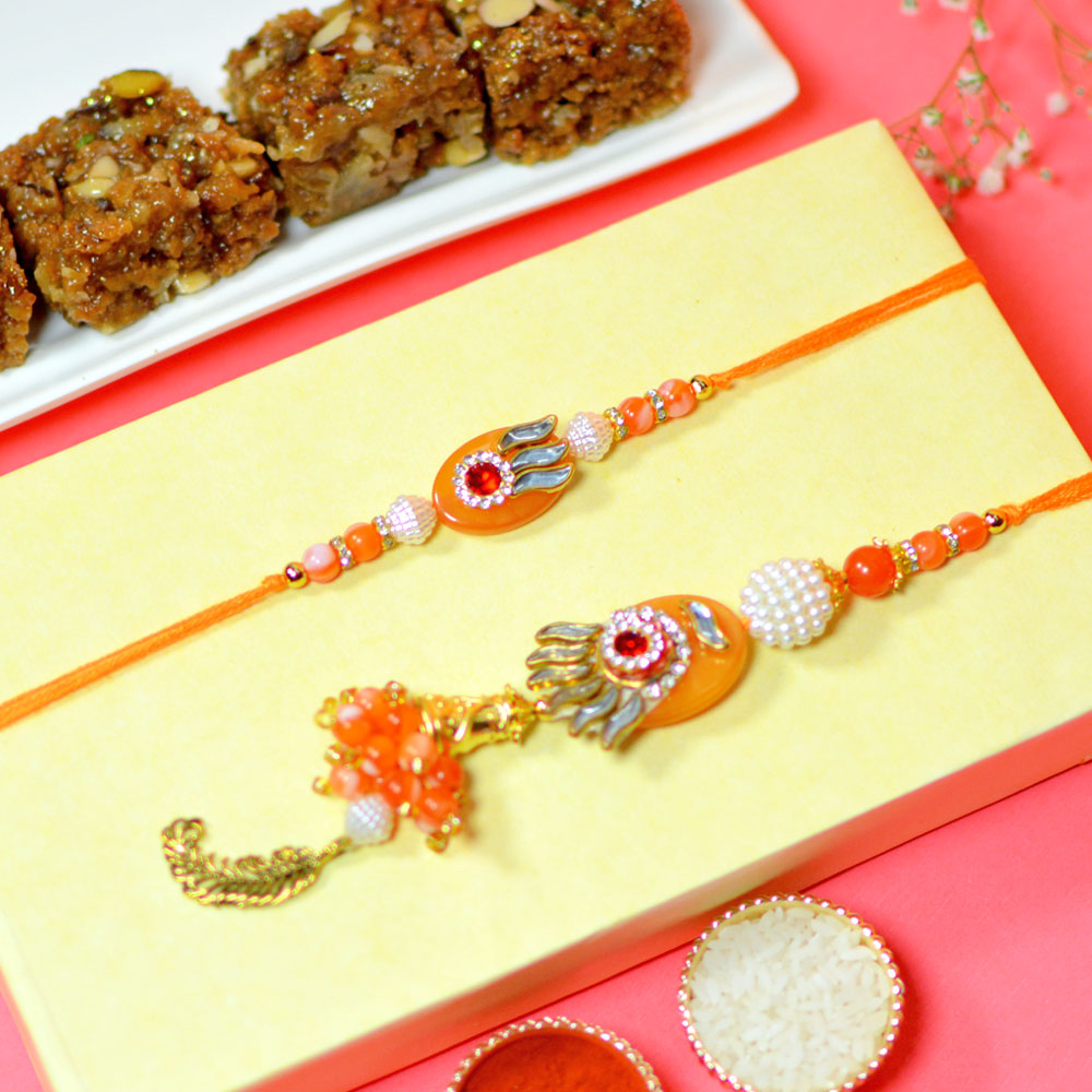 Orange Stone Bhaiya Bhabhi Rakhi with Dodha Barfi Sweets