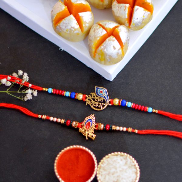 Om Namah Shivay and Krishna Morpank Rakhi with Mawa Anarkali Sweets