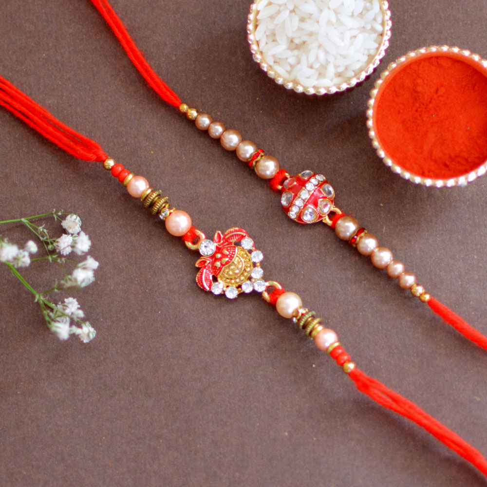 Kundan Lotus Stone and Meenakari Red Ball Rakhi Duo