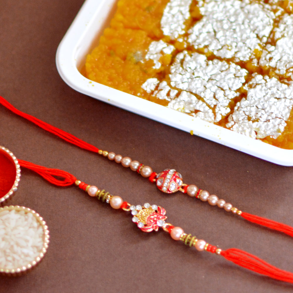 Kundan Lotus Stone and Meenakari Red Ball Rakhi Duo with Haldiram Moti Pak