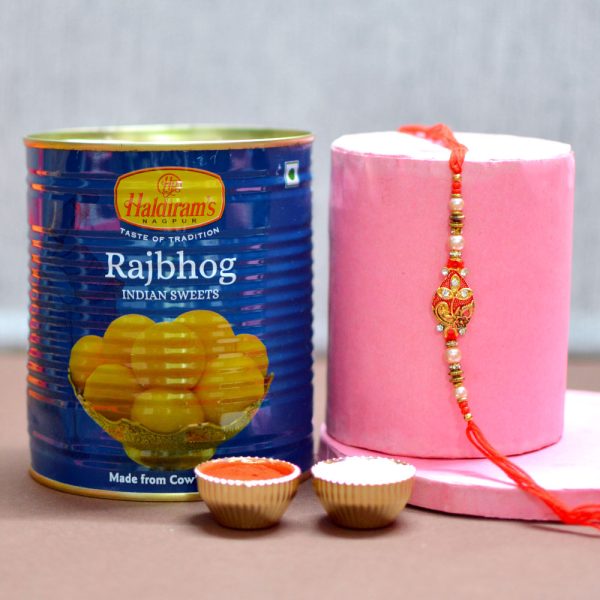 Stone Kundan Rakhi with Haldiram Rajbhog Hamper