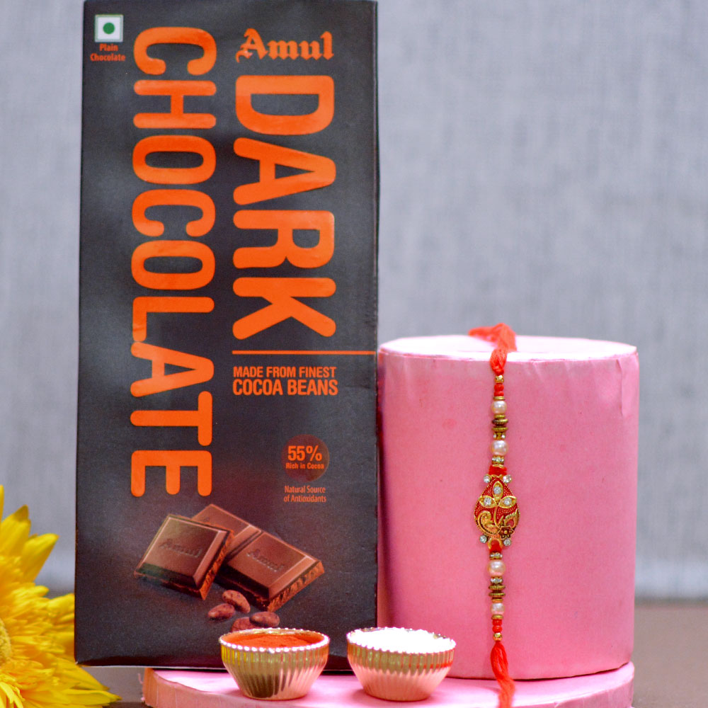 Stone Kundan Rakhi with Amul Dark chocolate