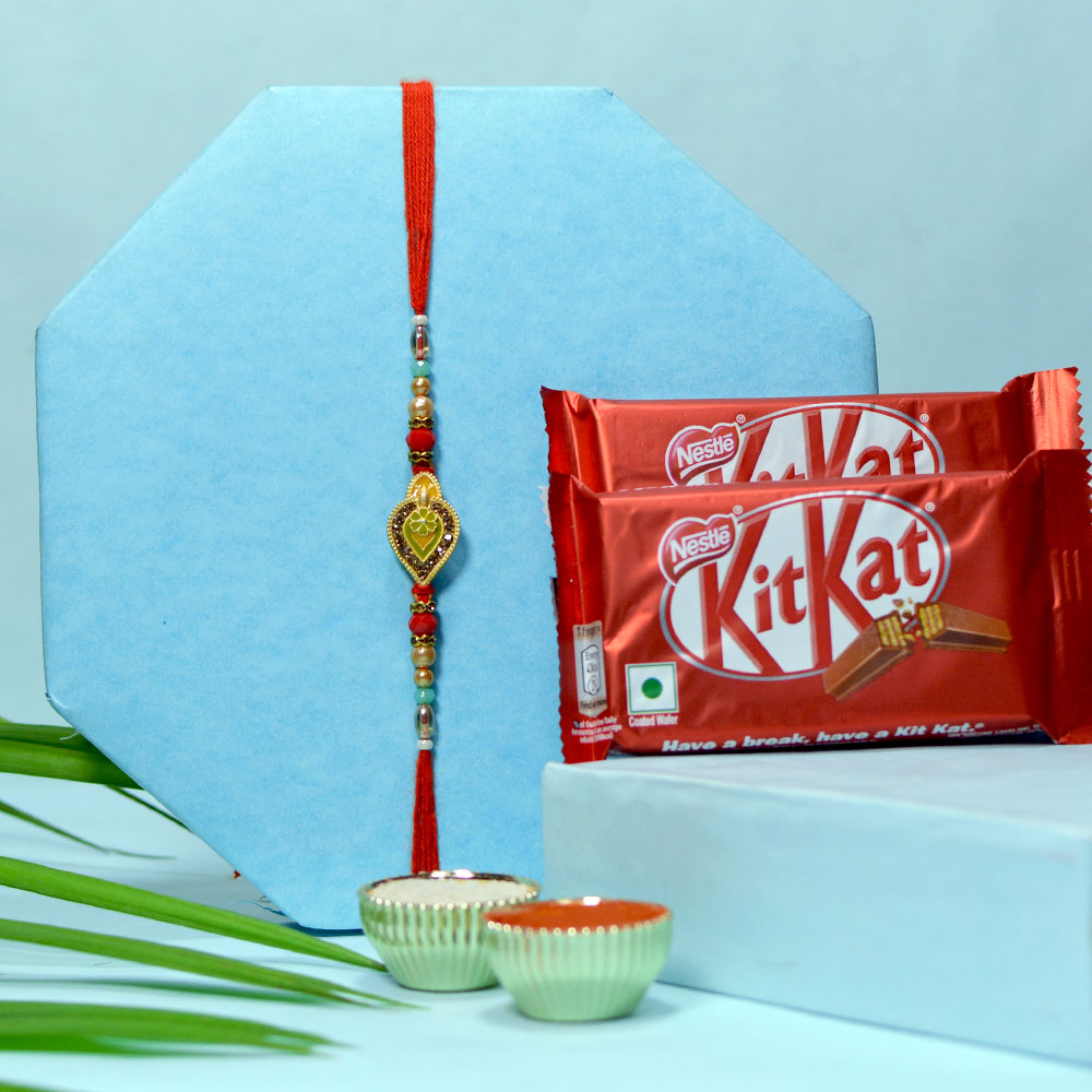 Golden Green Designer Beads Rakhi with Kitkat Chocolate