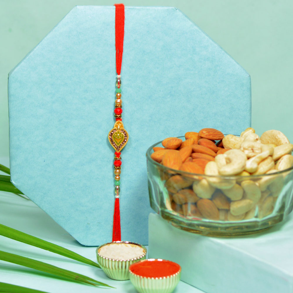 Golden Green Designer Beads Rakhi with Premium Nuts