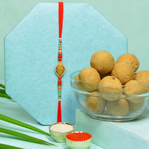 Golden Green Designer Beads Rakhi with Pop Kachori