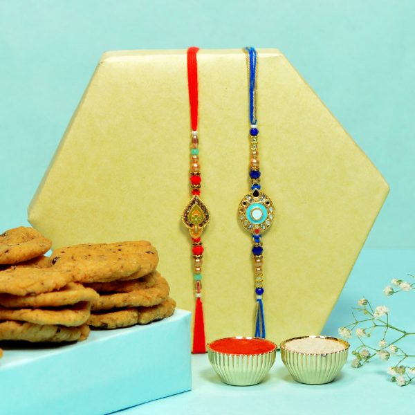 Golden Green N Golden Cyan Mirror Rakhi Duo Hamper