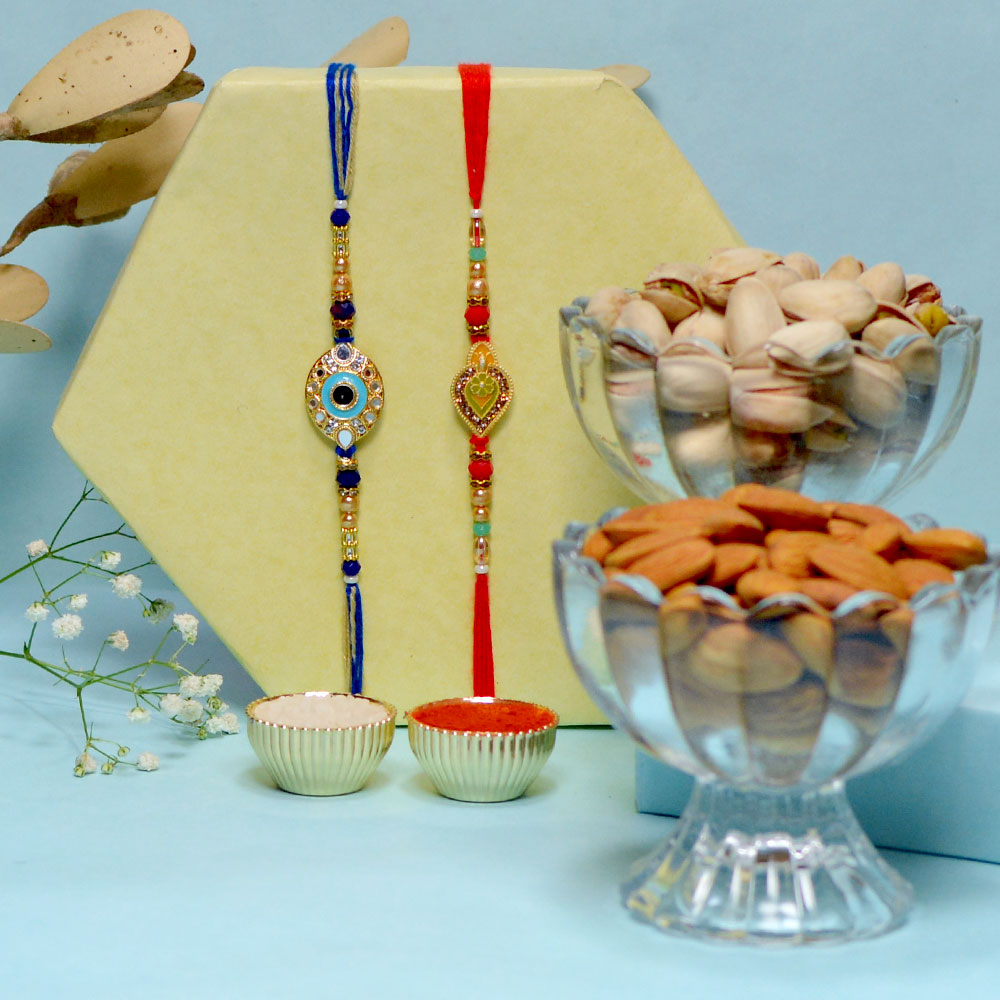 Golden Green N Golden Cyan Mirror Rakhi Duo with Dry Fruits Hamper