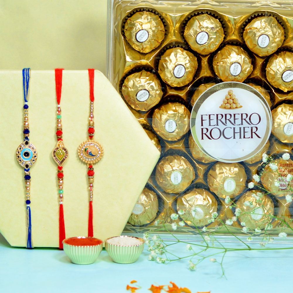 Gorgeous Designer Rakhi Trio with Chocolate Hamper