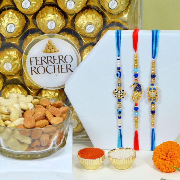 Bright Colourful Rakhi Tri with Ferrero Rocher Chocolate